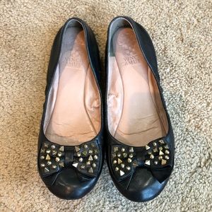 Vince Camuto 6.5 Black Leather Flats with Bow and Gold Studs